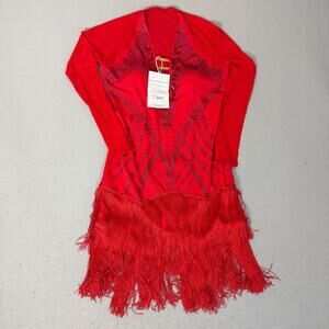 Dance & Sway Red Rhinestone Fringe Latin Dance Dress Long Sleeve Costume
